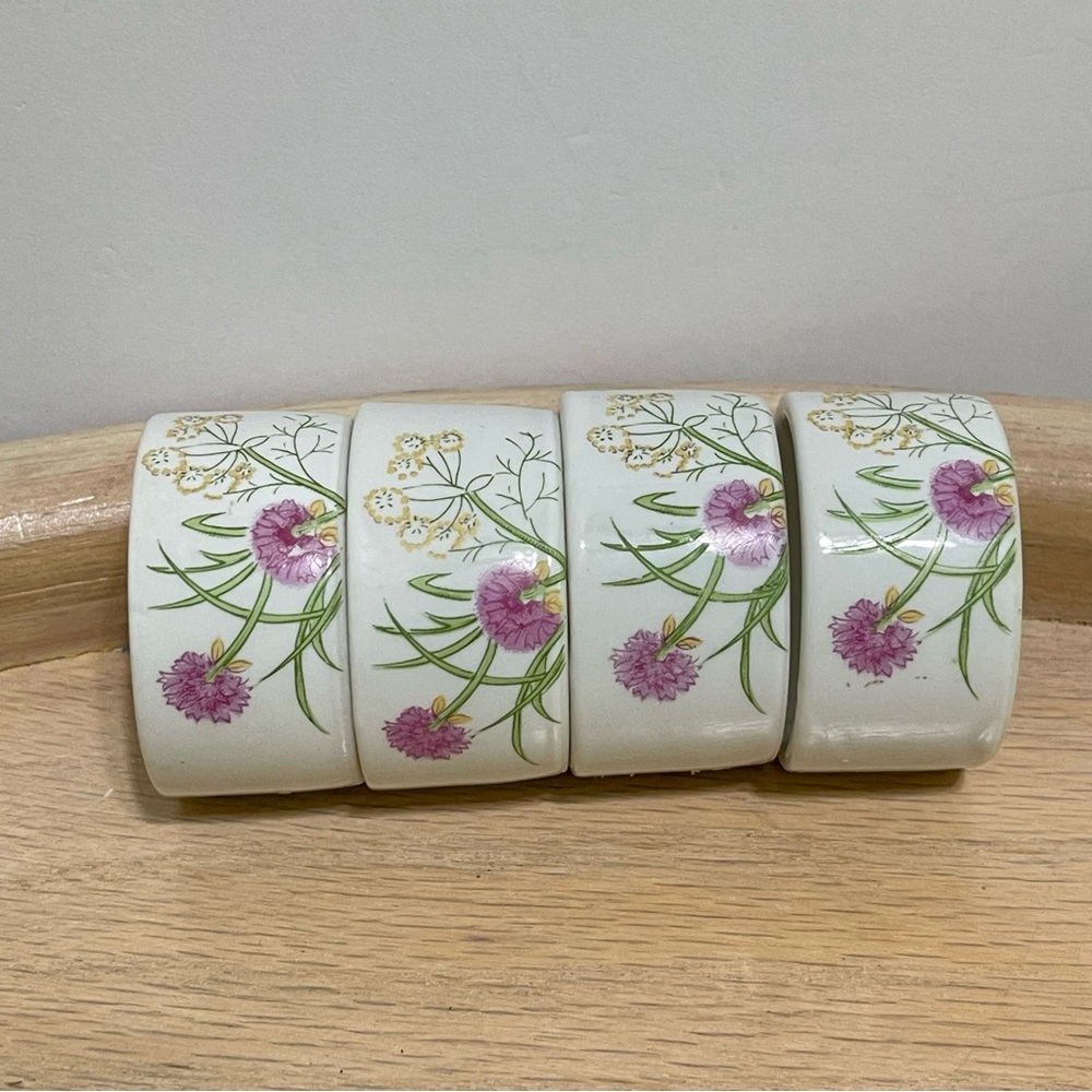 Vintage Shafford Herbs & Spices Porcelain Floral Napkin Rings Cottage Set of 4